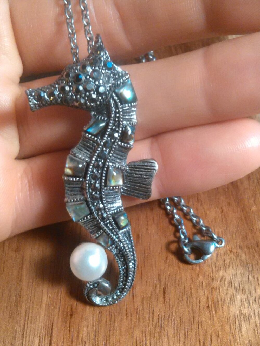 Abalone Shell, Simulated Pearl, and Marcasite Crystal Seahorse 20 Inch Necklace
